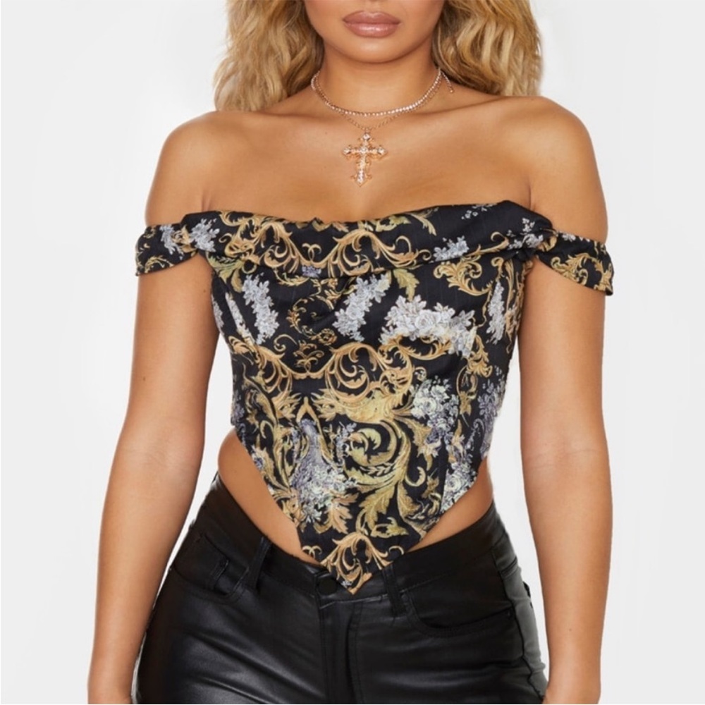 PrettyLittleThing black baroque print woven corset  bardot top NWT 6